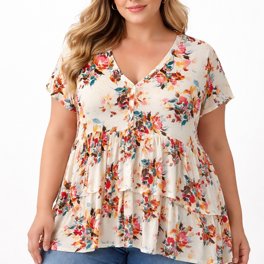 Super Soft torrid Cream Floral V-Neck Tiered Peplum Tunic 20